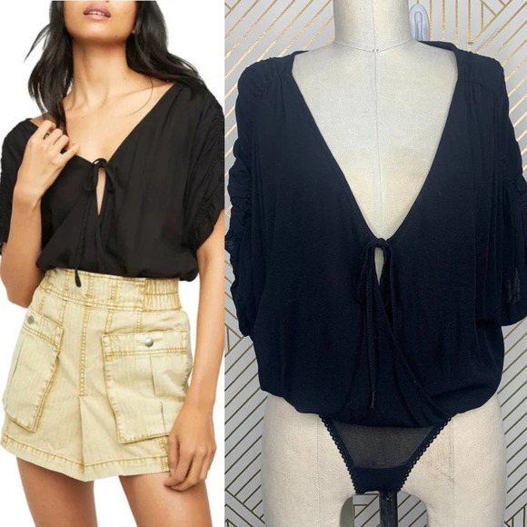 Free People Cleo Draped Wrap Bodysuit in‎ Black Size US XS - Picture 1 of 9